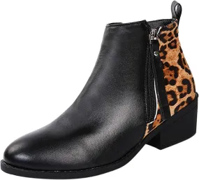 Ankle Boots for Women Arch Support,Womens Side Zipper Dressy Booties Chunky Block Low Heel Pointed Toe Slip on Western Booties Fashion Short Booties Vintage Patchwork Leather Boots