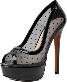 AUMOTED Women's Peep Toe High Heel Platform Stiletto Pumps Slip On Patent Mesh Polka Dot Heels 5.5" Party Wedding Dress Shoes