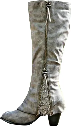 Bcshiye Women's Cowboy Boots Fashion Round Toe Low Heel Riding Boots Knee High Knight Boots Side Zipper Western Boots