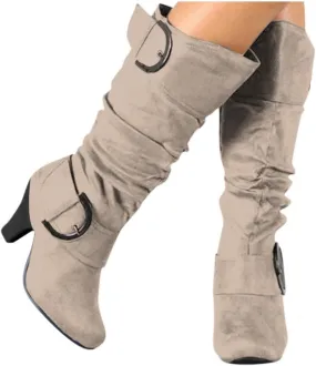 Bcshiye Women's Mid-Calf Boots Round Toe Low Heel Zipper Buckle Slouchy Wide Calf Wide Width Knee High Boots Shoes
