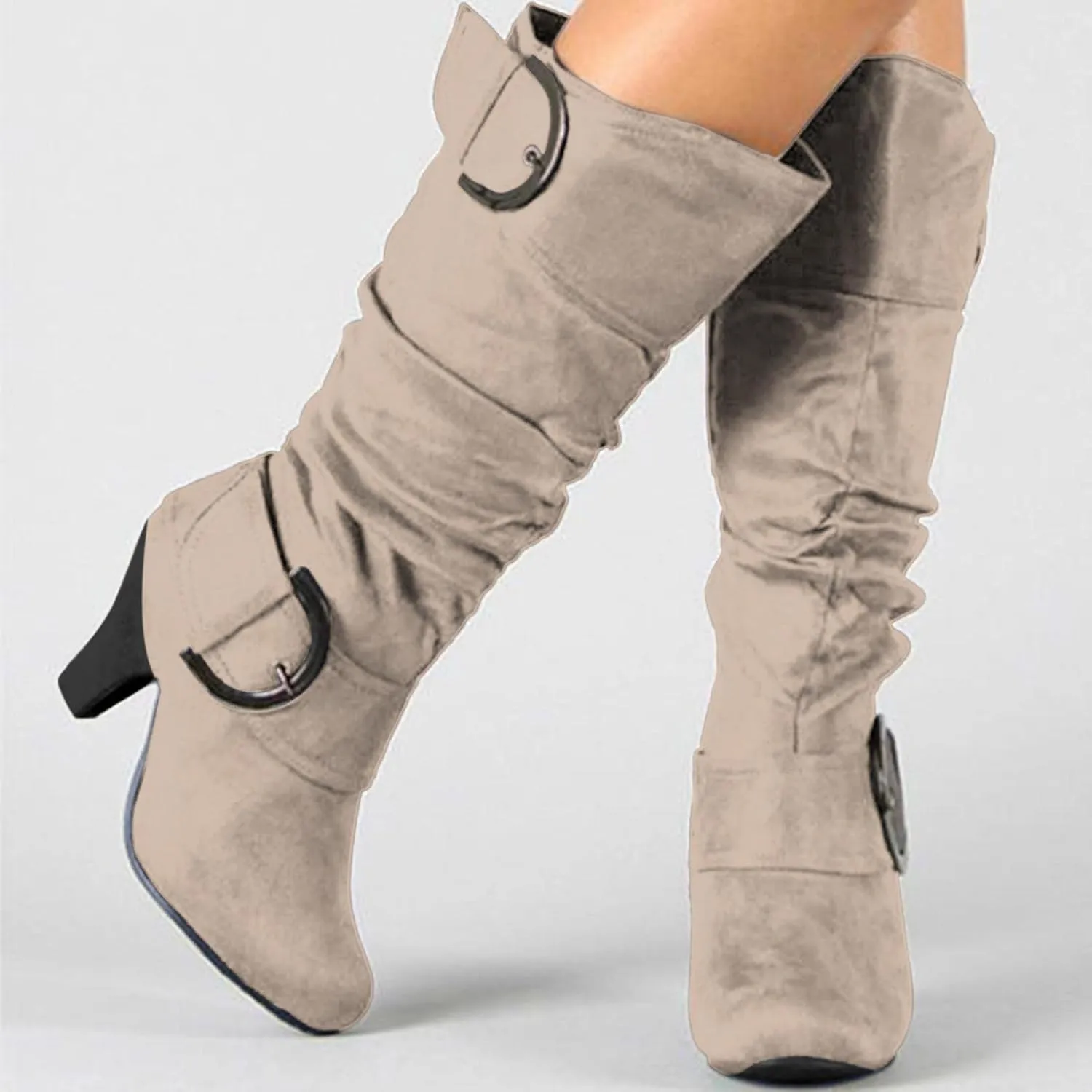 Bcshiye Women's Mid-Calf Boots Round Toe Low Heel Zipper Buckle Slouchy Wide Calf Wide Width Knee High Boots Shoes