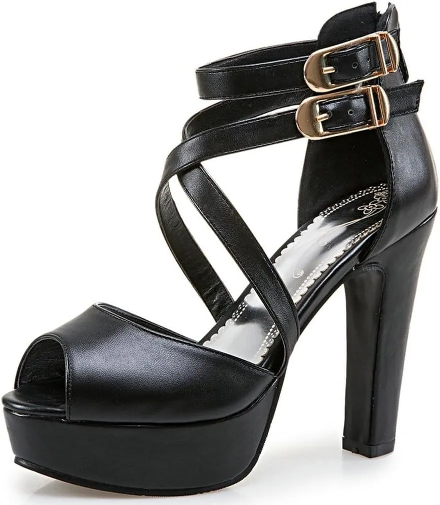 DINTAHA Crisscross Strappy Peep Toe Platform Sandals Chunky High Heel Peep Toe Pumps Goth Shoes