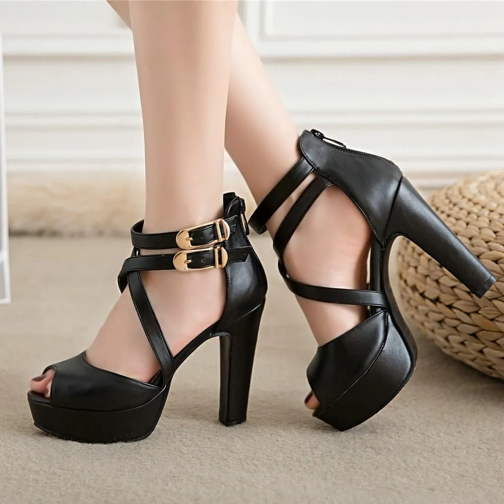 DINTAHA Crisscross Strappy Peep Toe Platform Sandals Chunky High Heel Peep Toe Pumps Goth Shoes