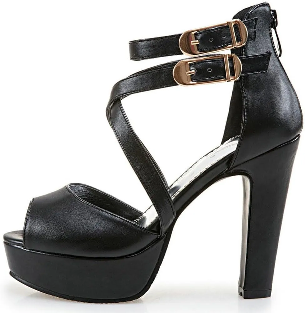 DINTAHA Crisscross Strappy Peep Toe Platform Sandals Chunky High Heel Peep Toe Pumps Goth Shoes