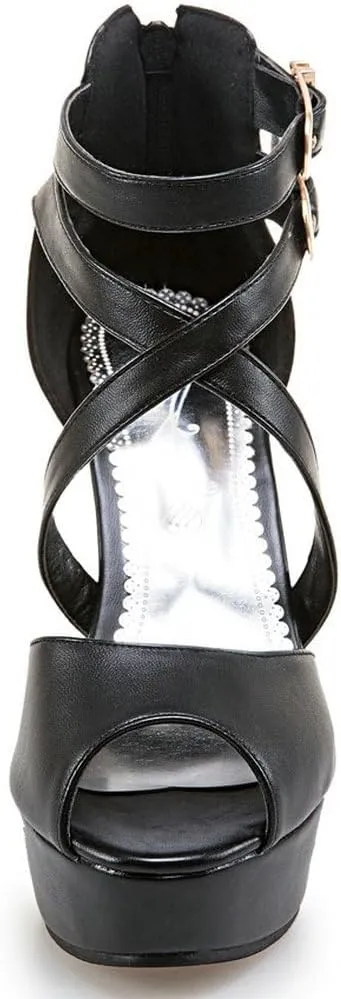 DINTAHA Crisscross Strappy Peep Toe Platform Sandals Chunky High Heel Peep Toe Pumps Goth Shoes