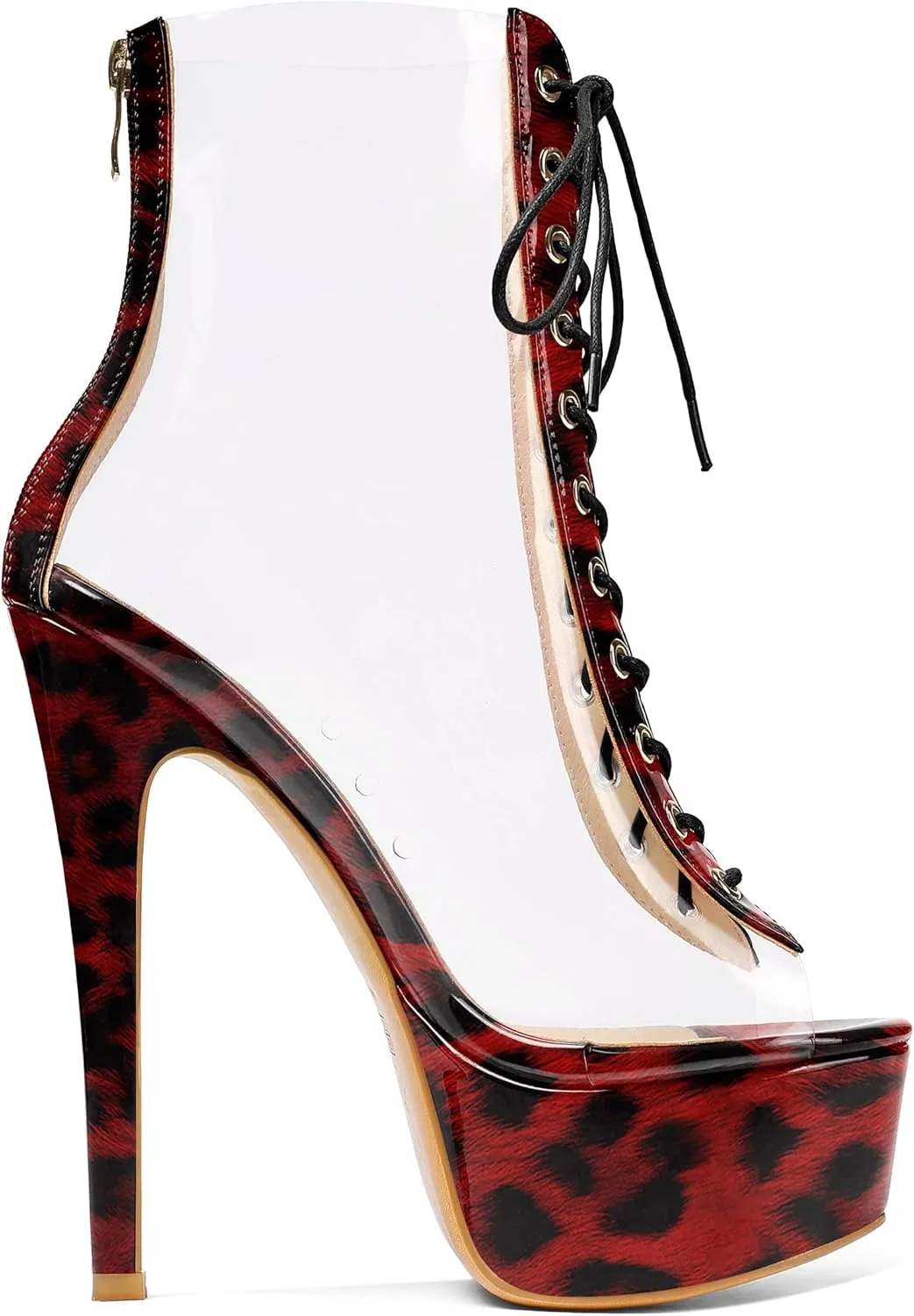 Esvowido Women's Peep Toe Platform Heels Heeled Sandals Stiletto High Heel Clear PVC Sexy Lace Up Ankle Boots