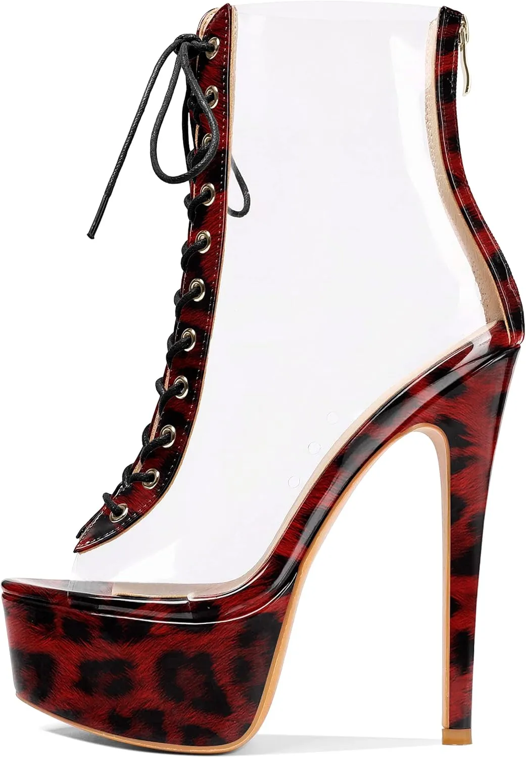 Esvowido Women's Peep Toe Platform Heels Heeled Sandals Stiletto High Heel Clear PVC Sexy Lace Up Ankle Boots