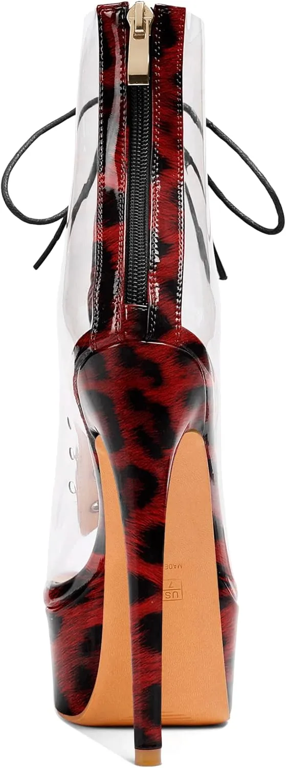 Esvowido Women's Peep Toe Platform Heels Heeled Sandals Stiletto High Heel Clear PVC Sexy Lace Up Ankle Boots
