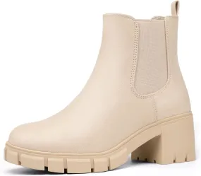 IDIFU IN2 Chelsea Boots Women Ankle Boots for Women Platform Low Chunky Block Heel Lug Sole Round Toe Fall Dress Boots for Women Comfortable Fashion Booties Cute Office Elastic Short Heeled Boots