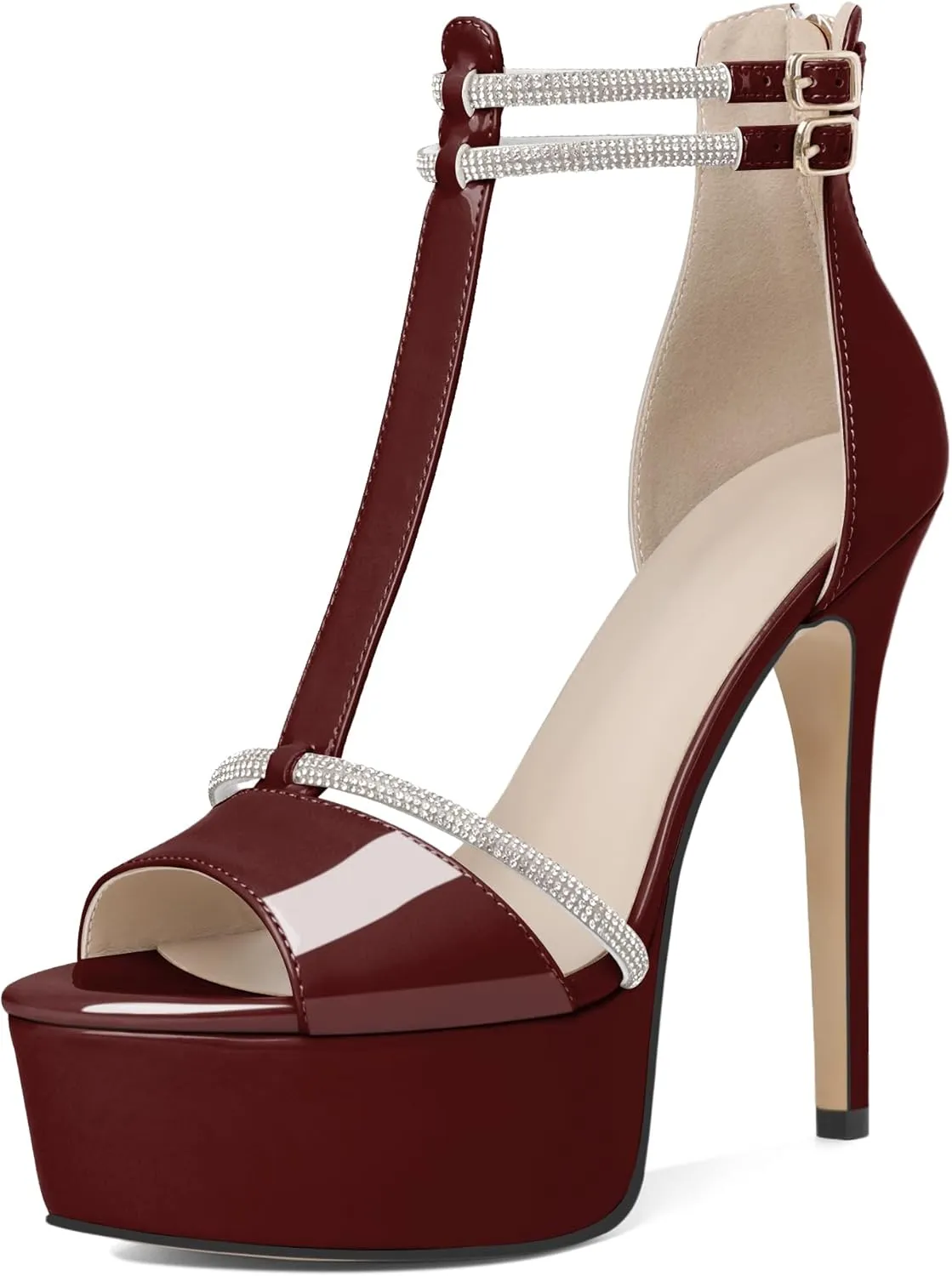 Joseywade Platform Heels for Women Peep Toe T-Strap High Heel Pumps Stiletto Sky Thin Rhinestone Ankle Strap Heeled Sandals 5.5 Inches Dress Shoes
