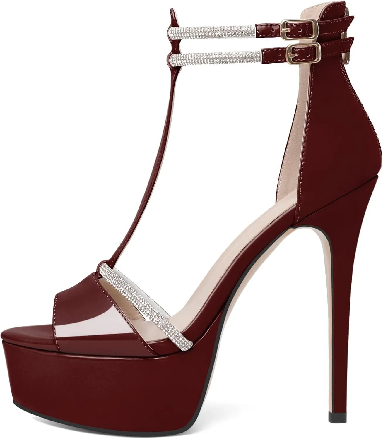 Joseywade Platform Heels for Women Peep Toe T-Strap High Heel Pumps Stiletto Sky Thin Rhinestone Ankle Strap Heeled Sandals 5.5 Inches Dress Shoes
