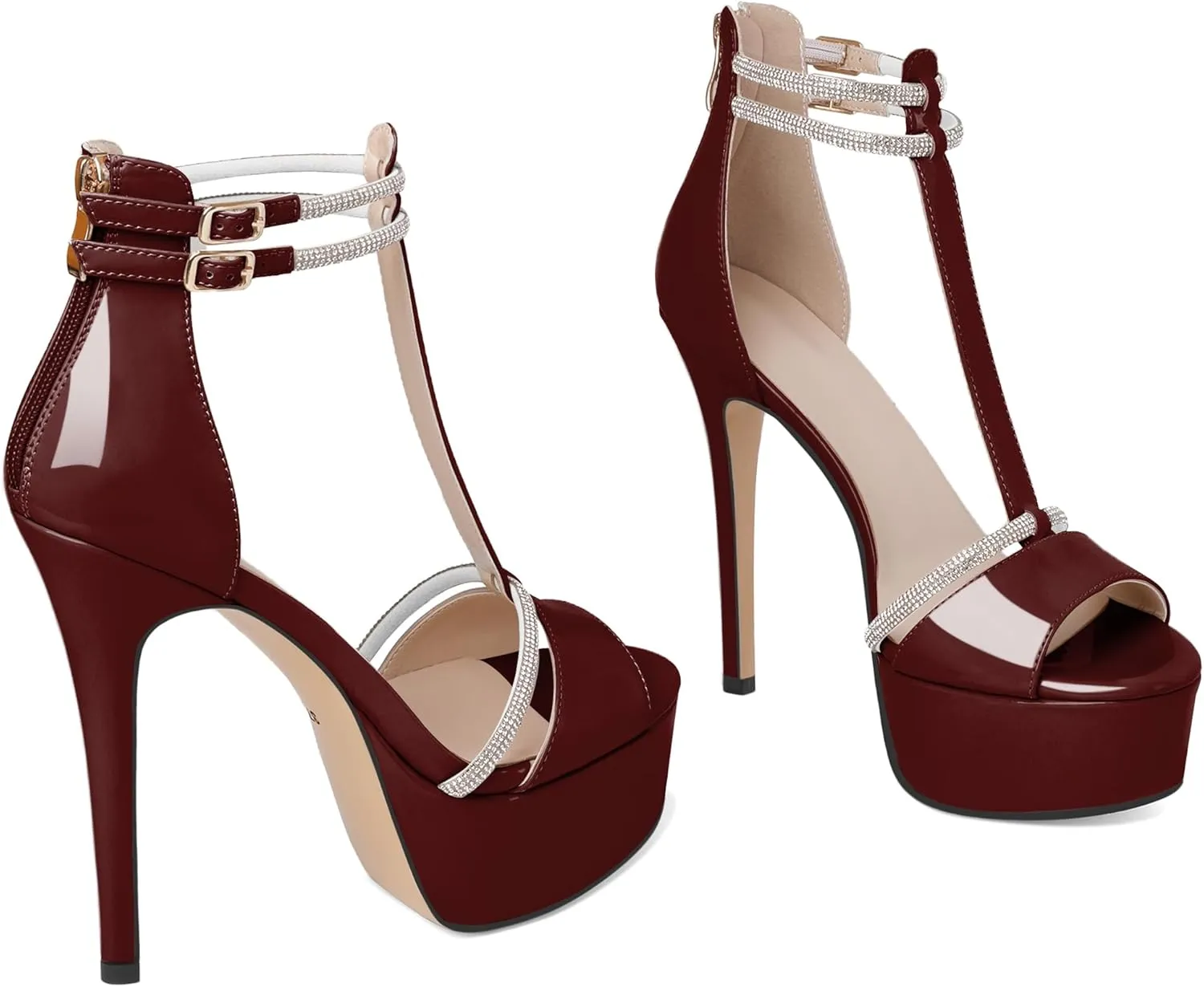 Joseywade Platform Heels for Women Peep Toe T-Strap High Heel Pumps Stiletto Sky Thin Rhinestone Ankle Strap Heeled Sandals 5.5 Inches Dress Shoes