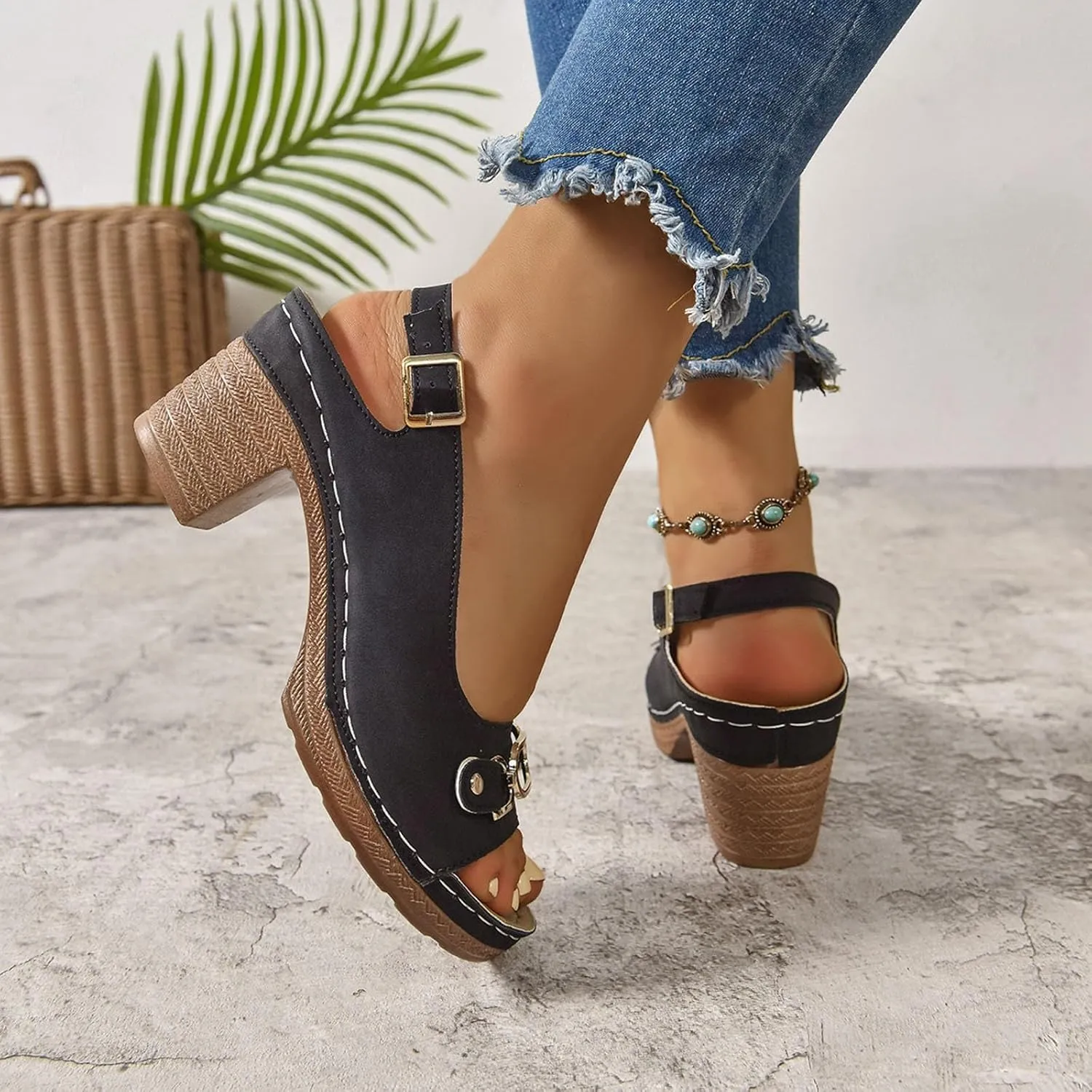 Orthopedic Sandals for Women Strappy Low Chunky Block Heel Sandals Adjustable Slingback Open Toe Heeled Sandal Beach Dress Comfortable Outdoor Shoes