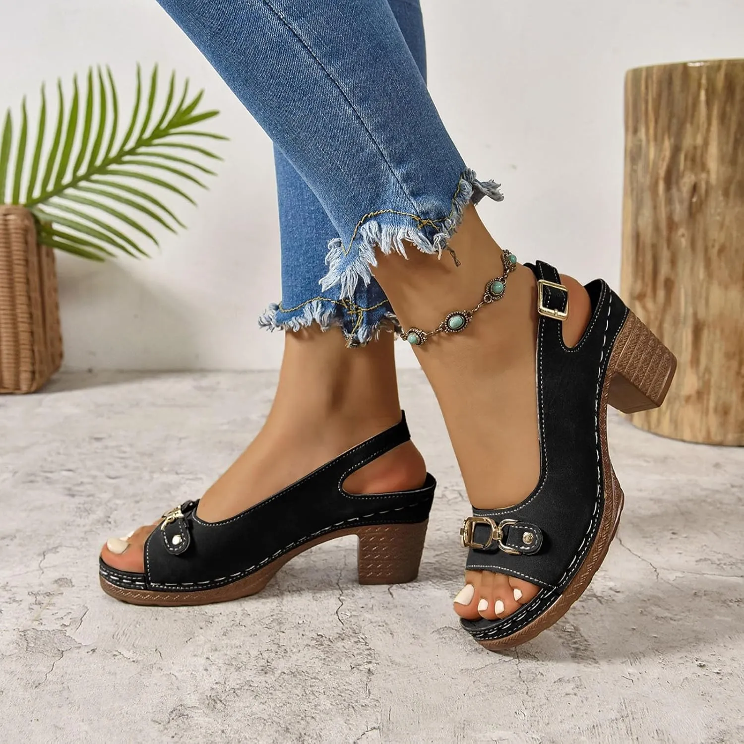 Orthopedic Sandals for Women Strappy Low Chunky Block Heel Sandals Adjustable Slingback Open Toe Heeled Sandal Beach Dress Comfortable Outdoor Shoes