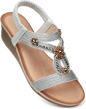 SHIBEVER Womens Wedge Sandals Flower Low Heel Dressy Sandals Elastic Ankle Strap Rhinestone Summer Comfortable Shoe