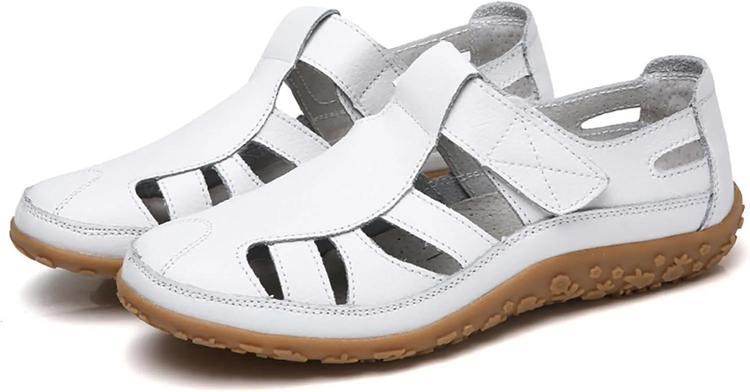 Women's Casual Boho Sandals Summer Leather Comfort Closed Toe Ankle Strap Beach Shoes Soft High Casual Shoes for Women