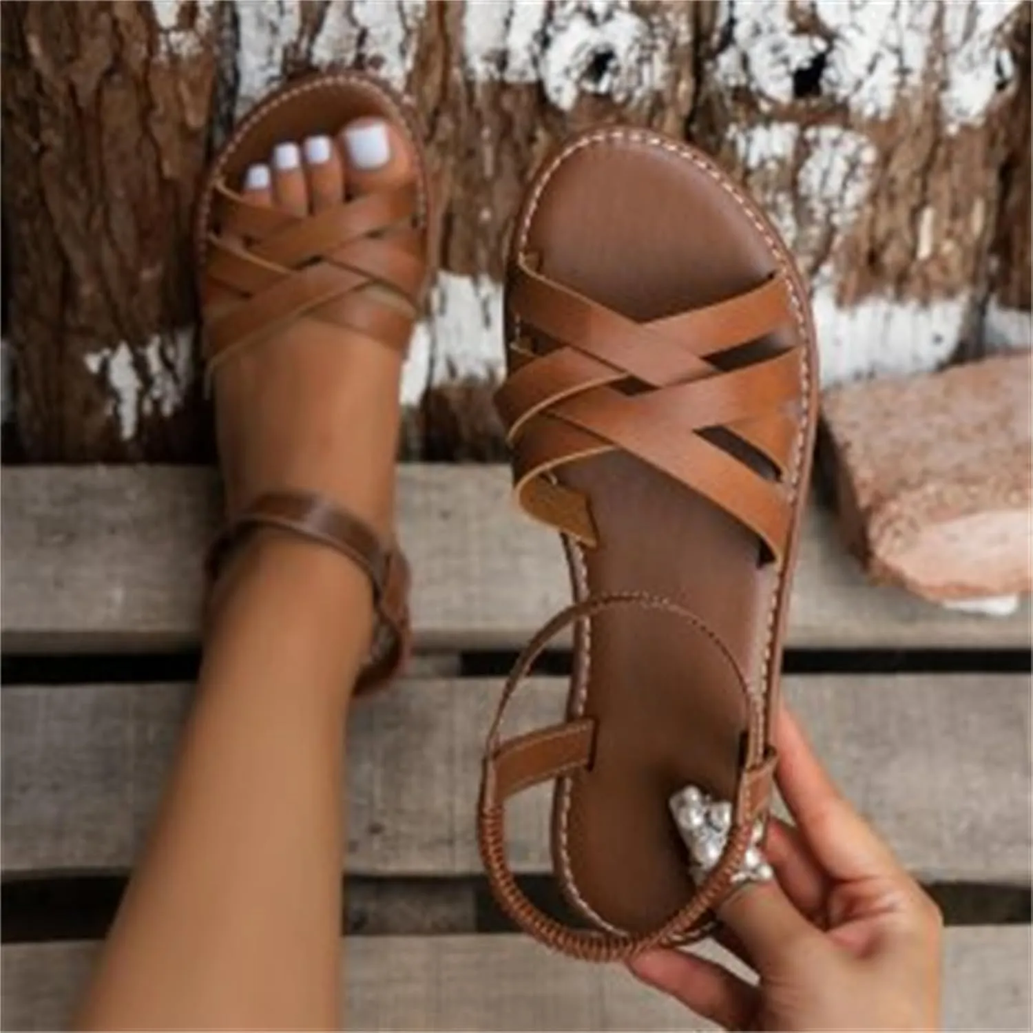 Women's Casual Strappy Sandal Gladiator Flat Sandals Fisherman Strappy Ankle Strap Casual Cute Criss Cross Flat Summer Shoes Open Toe Slingback Slip On Gladiator Sandal Beach Fashion Flats Sandals