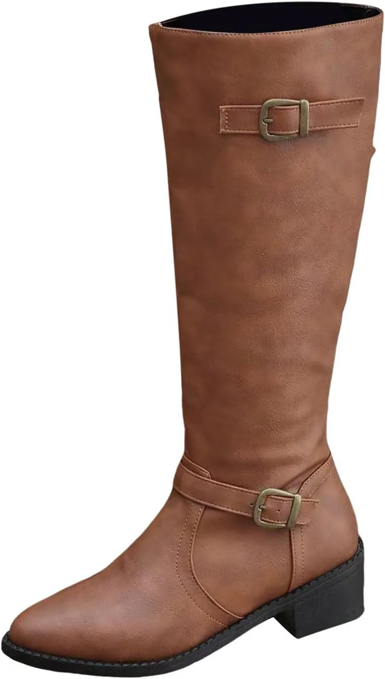 Women's Knee High Boots Riding Boots for Women Wide Calf Tall Boots Low Stacked Heel Boots Wide Width Winter Boots Metal Buckle Long Boots Faux Leather Fashion Knight Boot with Side Zipper