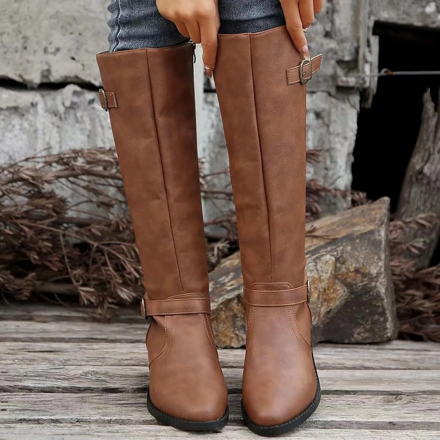 Women's Knee High Boots Riding Boots for Women Wide Calf Tall Boots Low Stacked Heel Boots Wide Width Winter Boots Metal Buckle Long Boots Faux Leather Fashion Knight Boot with Side Zipper
