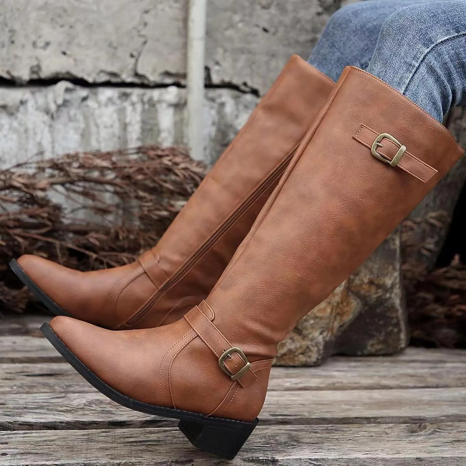 Women's Knee High Boots Riding Boots for Women Wide Calf Tall Boots Low Stacked Heel Boots Wide Width Winter Boots Metal Buckle Long Boots Faux Leather Fashion Knight Boot with Side Zipper