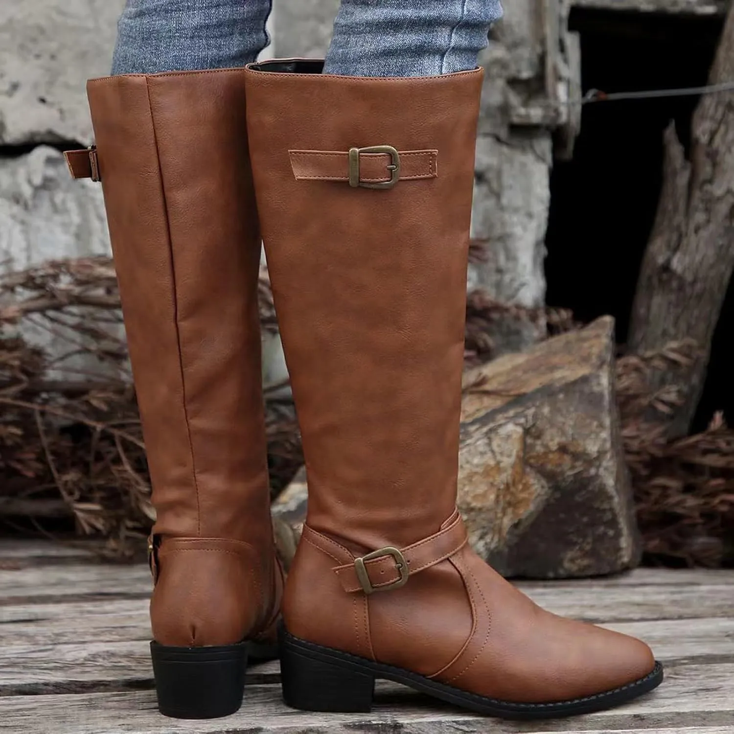 Women's Knee High Boots Riding Boots for Women Wide Calf Tall Boots Low Stacked Heel Boots Wide Width Winter Boots Metal Buckle Long Boots Faux Leather Fashion Knight Boot with Side Zipper