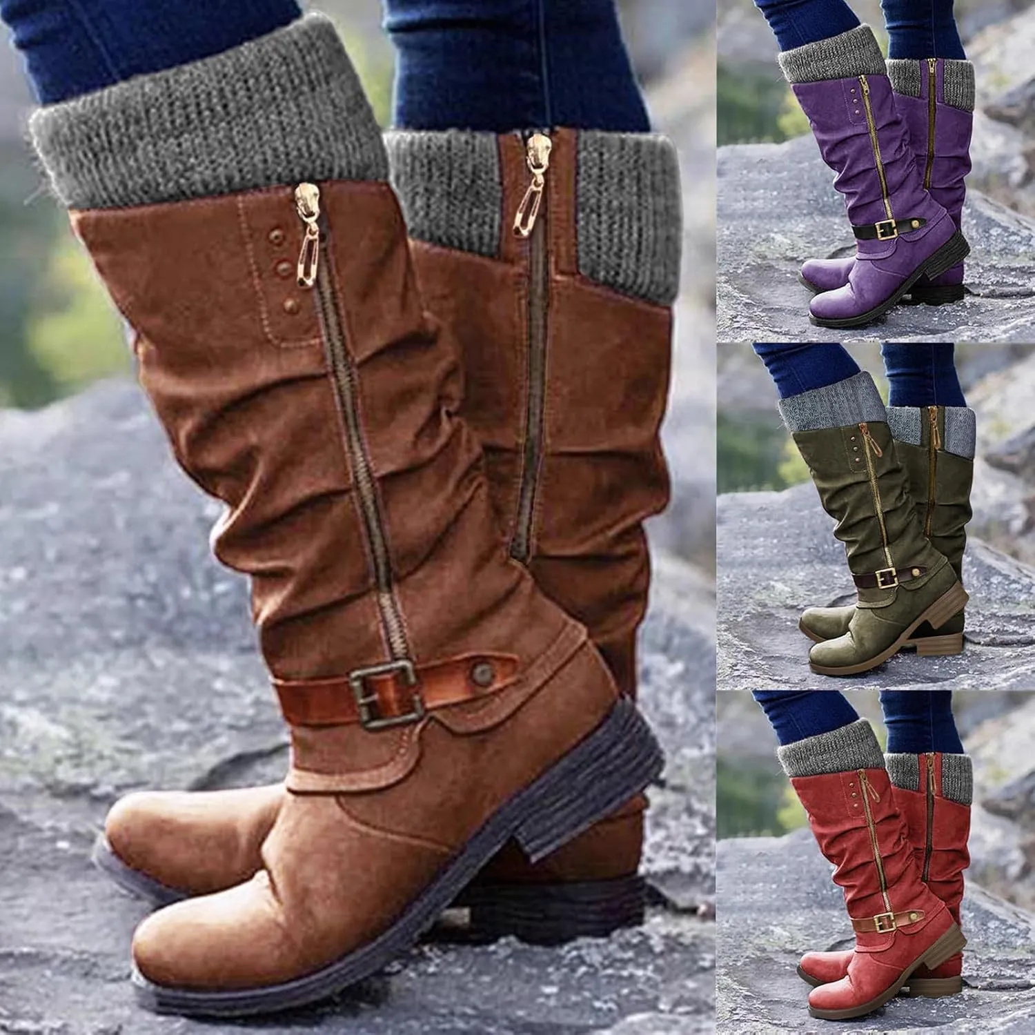 Women's Knee High Boots Riding Boots for Women Wide Calf Tall Boots Low Stacked Heel Boots Wide Width Winter Boots Metal Buckle Long Boots Faux Leather Fashion Knight Boot with Side Zipper