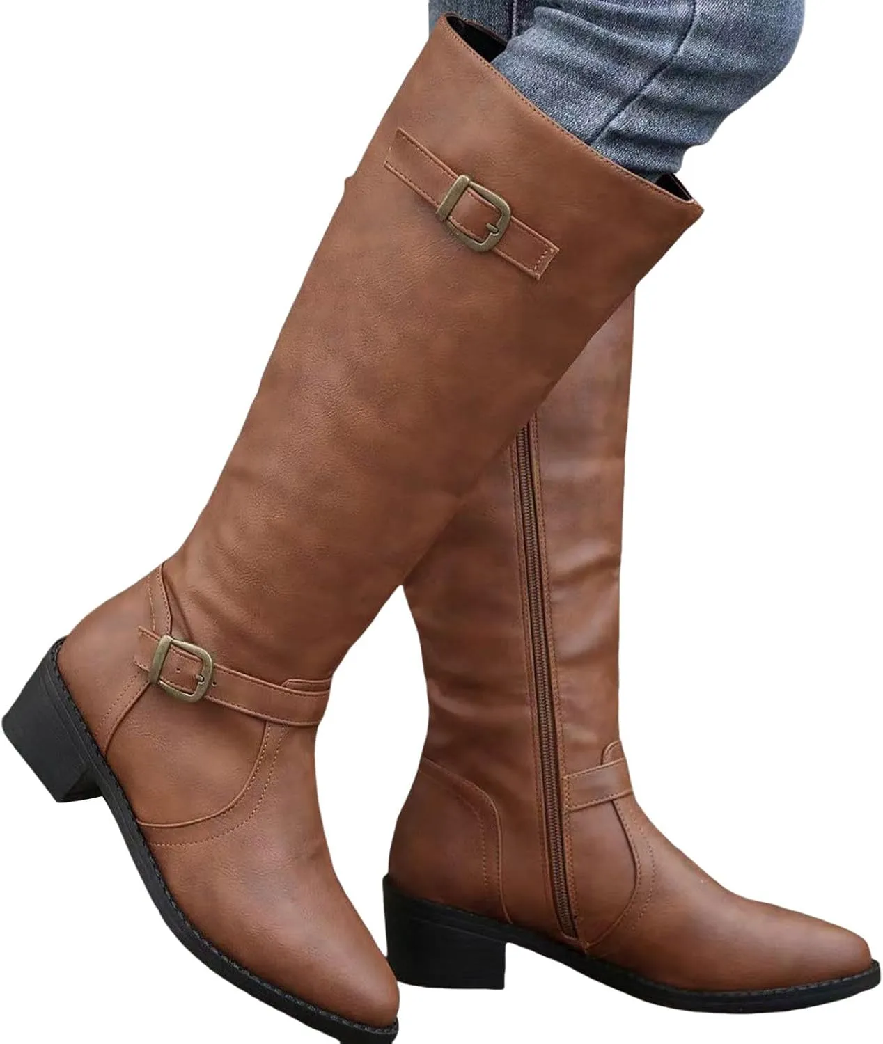 Women's Knee High Boots Riding Boots for Women Wide Calf Tall Boots Low Stacked Heel Boots Wide Width Winter Boots Metal Buckle Long Boots Faux Leather Fashion Knight Boot with Side Zipper