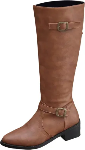 Women's Knee High Boots Riding Boots for Women Wide Calf Tall Boots Low Stacked Heel Boots Wide Width Winter Boots Metal Buckle Long Boots Faux Leather Fashion Knight Boot with Side Zipper