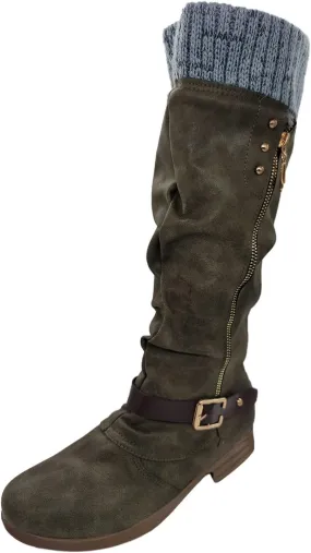 Women's Knee High Boots Riding Boots for Women Wide Calf Tall Boots Low Stacked Heel Boots Wide Width Winter Boots Metal Buckle Long Boots Faux Leather Fashion Knight Boot with Side Zipper