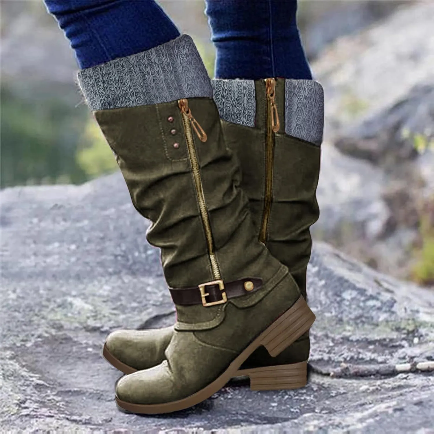 Women's Knee High Boots Riding Boots for Women Wide Calf Tall Boots Low Stacked Heel Boots Wide Width Winter Boots Metal Buckle Long Boots Faux Leather Fashion Knight Boot with Side Zipper