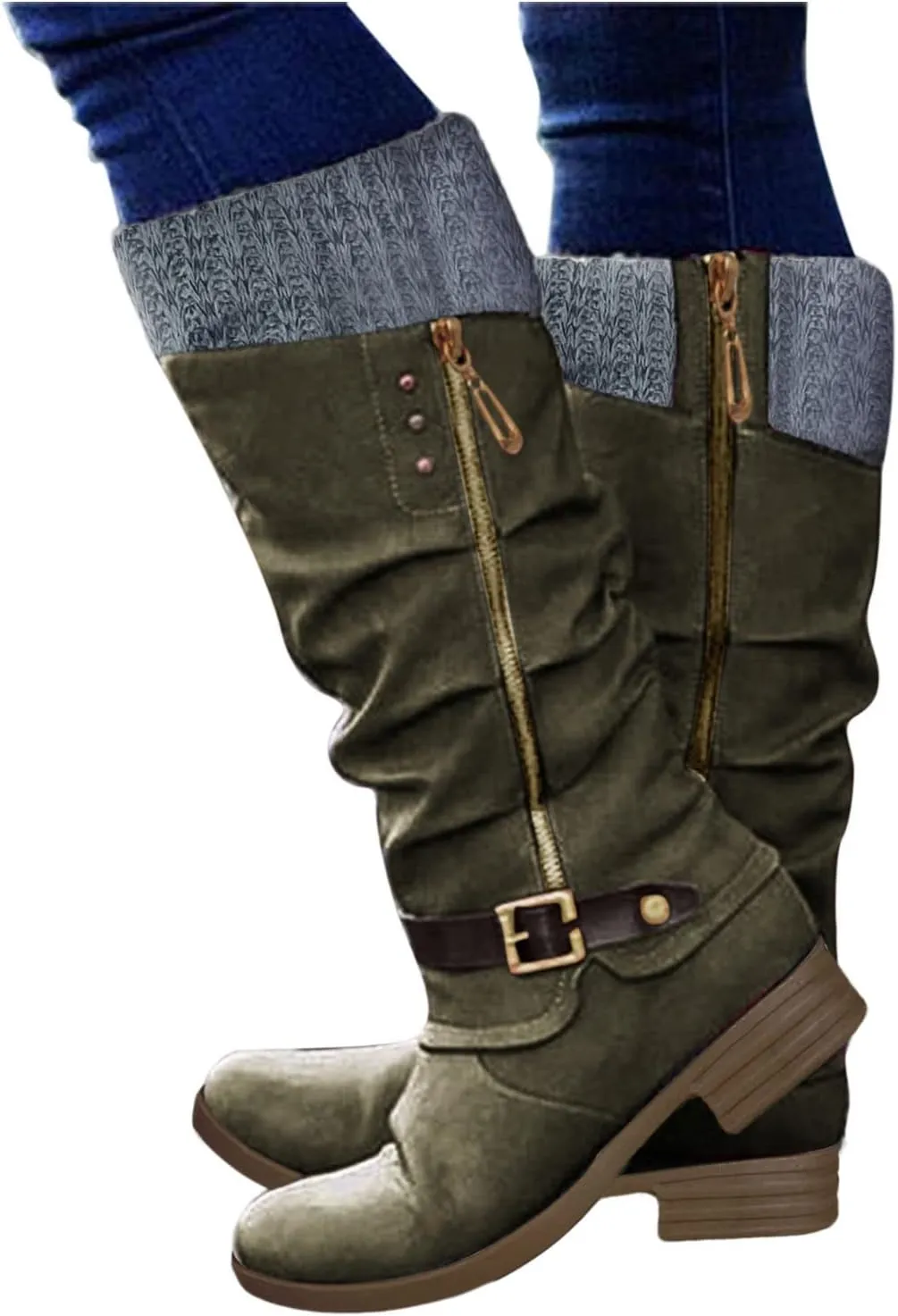 Women's Knee High Boots Riding Boots for Women Wide Calf Tall Boots Low Stacked Heel Boots Wide Width Winter Boots Metal Buckle Long Boots Faux Leather Fashion Knight Boot with Side Zipper