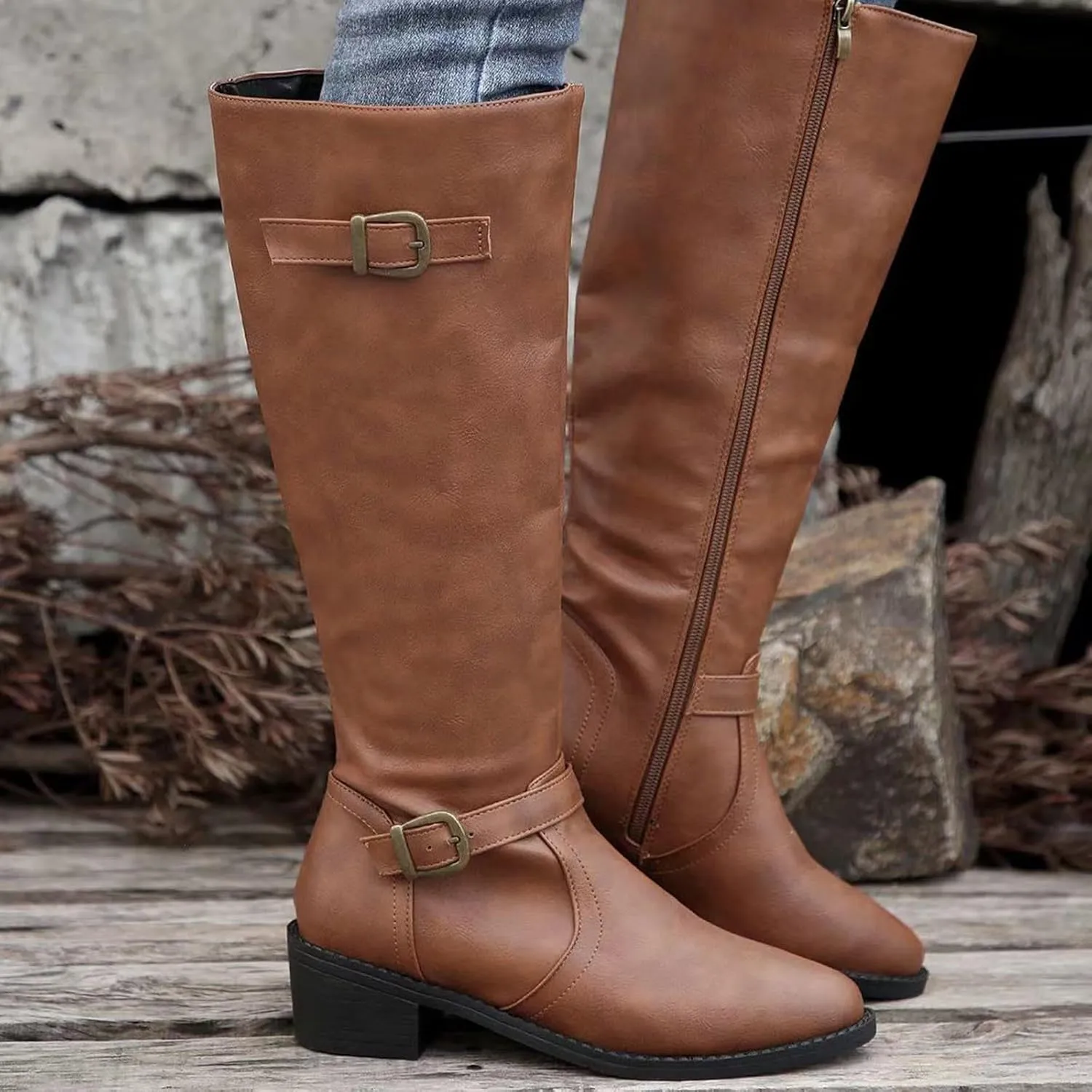 Women's Knee High Boots Riding Boots for Women Wide Calf Tall Boots Low Stacked Heel Boots Wide Width Winter Boots Metal Buckle Long Boots Faux Leather Fashion Knight Boot with Side Zipper