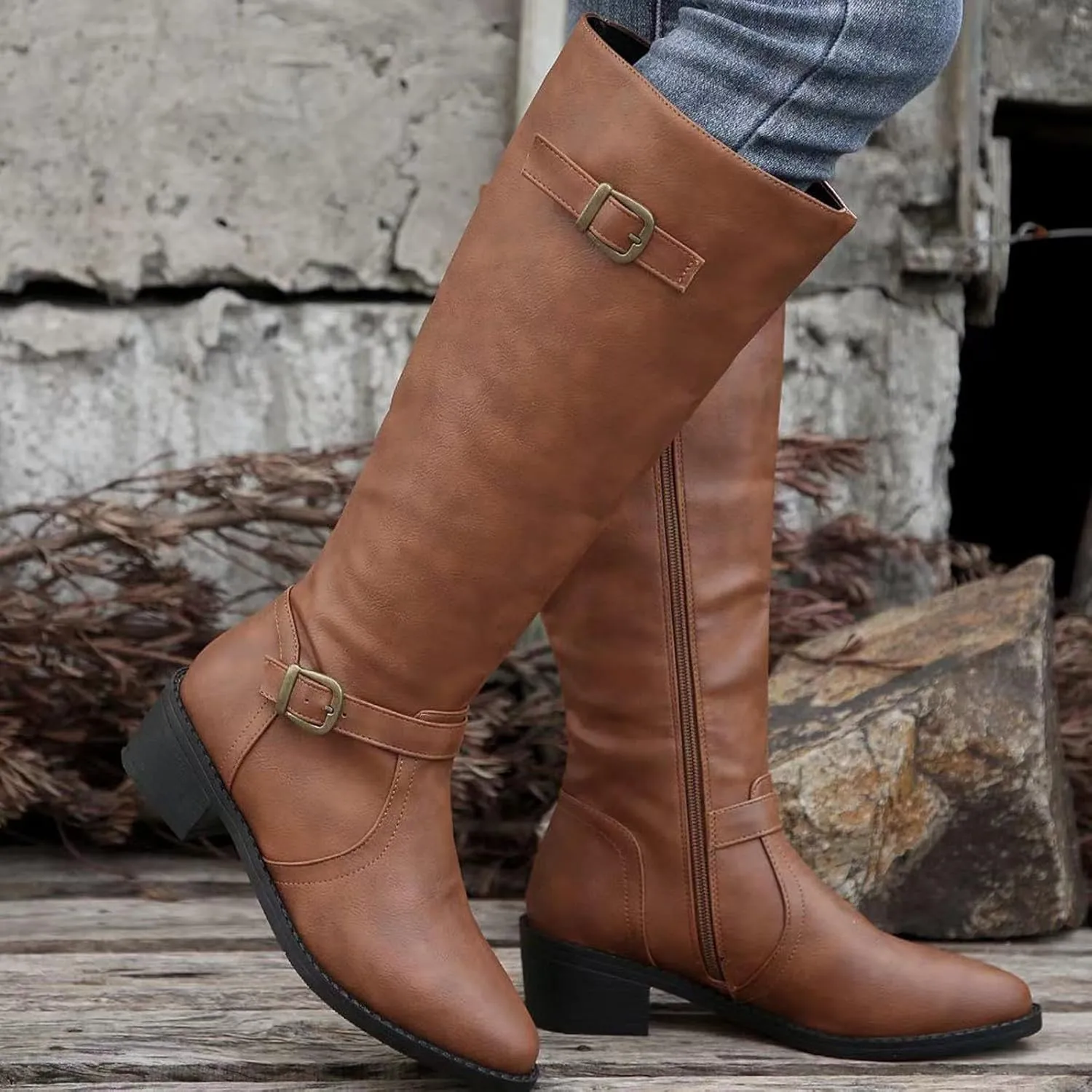 Women's Knee High Boots Riding Boots for Women Wide Calf Tall Boots Low Stacked Heel Boots Wide Width Winter Boots Metal Buckle Long Boots Faux Leather Fashion Knight Boot with Side Zipper