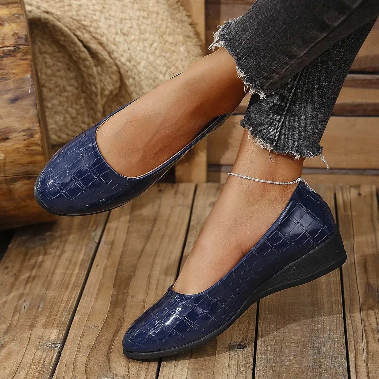 Women's Leather Closed Toe 2 Inch Mid Wedges Heels with Arch Support Round Toe Comfortable Dress for Sneaker Casual Shoe
