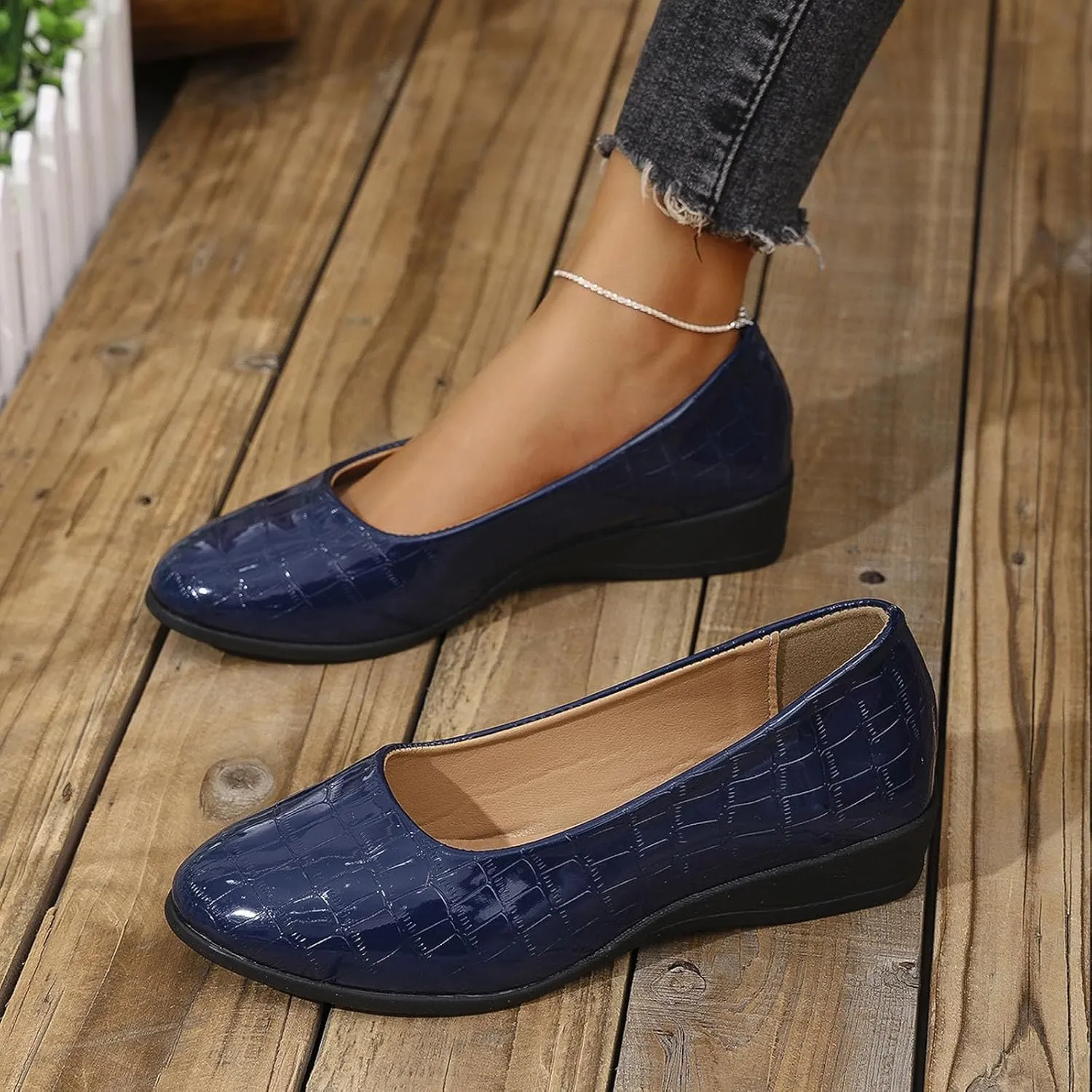 Women's Leather Closed Toe 2 Inch Mid Wedges Heels with Arch Support Round Toe Comfortable Dress for Sneaker Casual Shoe