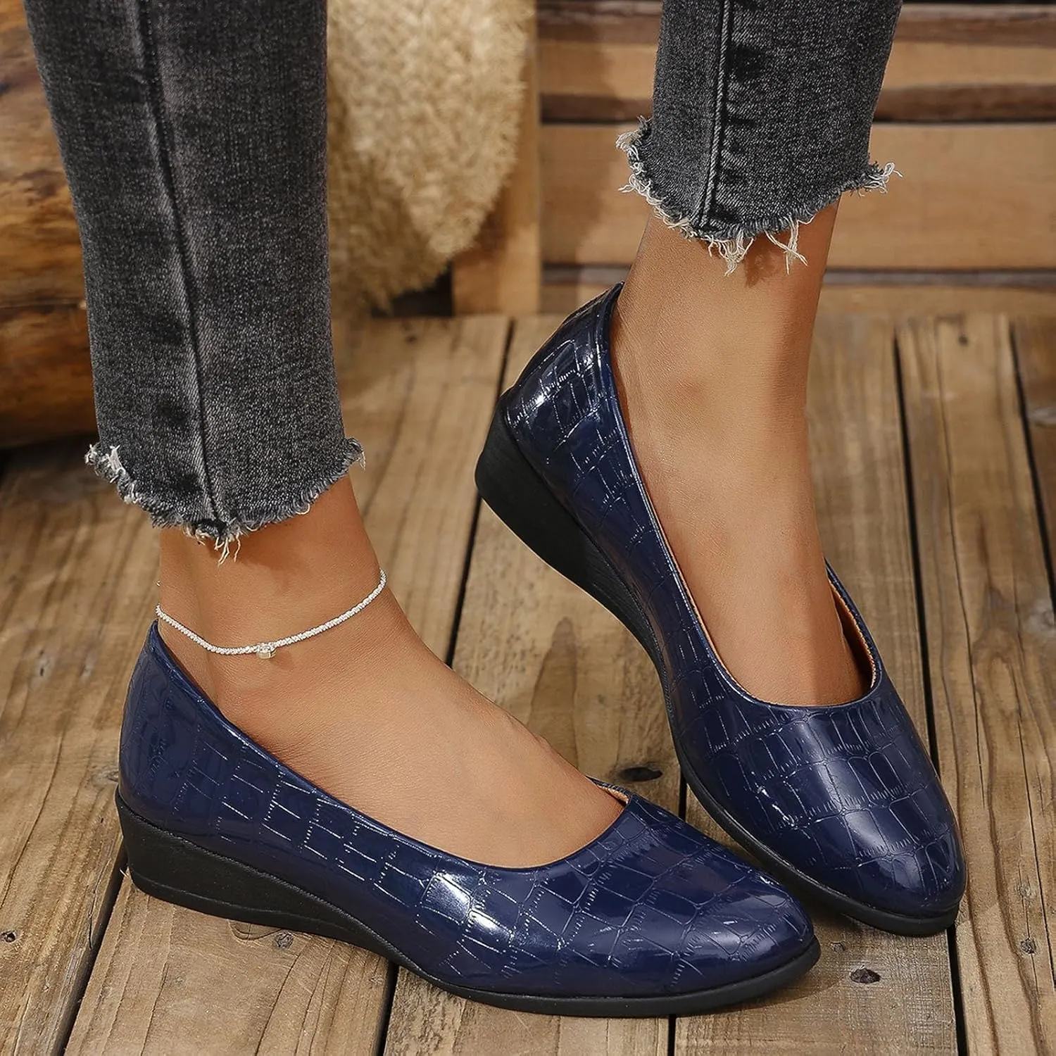Women's Leather Closed Toe 2 Inch Mid Wedges Heels with Arch Support Round Toe Comfortable Dress for Sneaker Casual Shoe