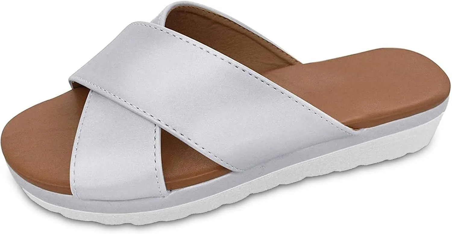 Women's Leather Platform Wedge Sandals Roman Bohemian Open Toe Slip On Beach Casual High Heels Dressy Slippers