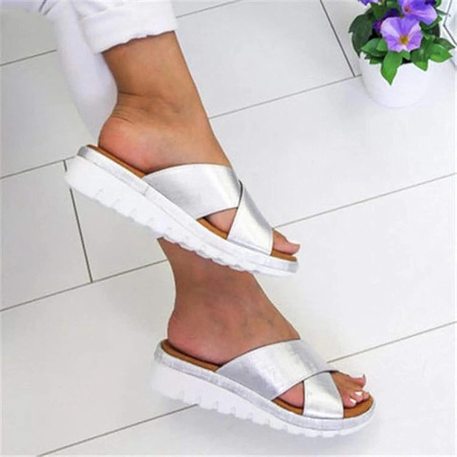 Women's Leather Platform Wedge Sandals Roman Bohemian Open Toe Slip On Beach Casual High Heels Dressy Slippers