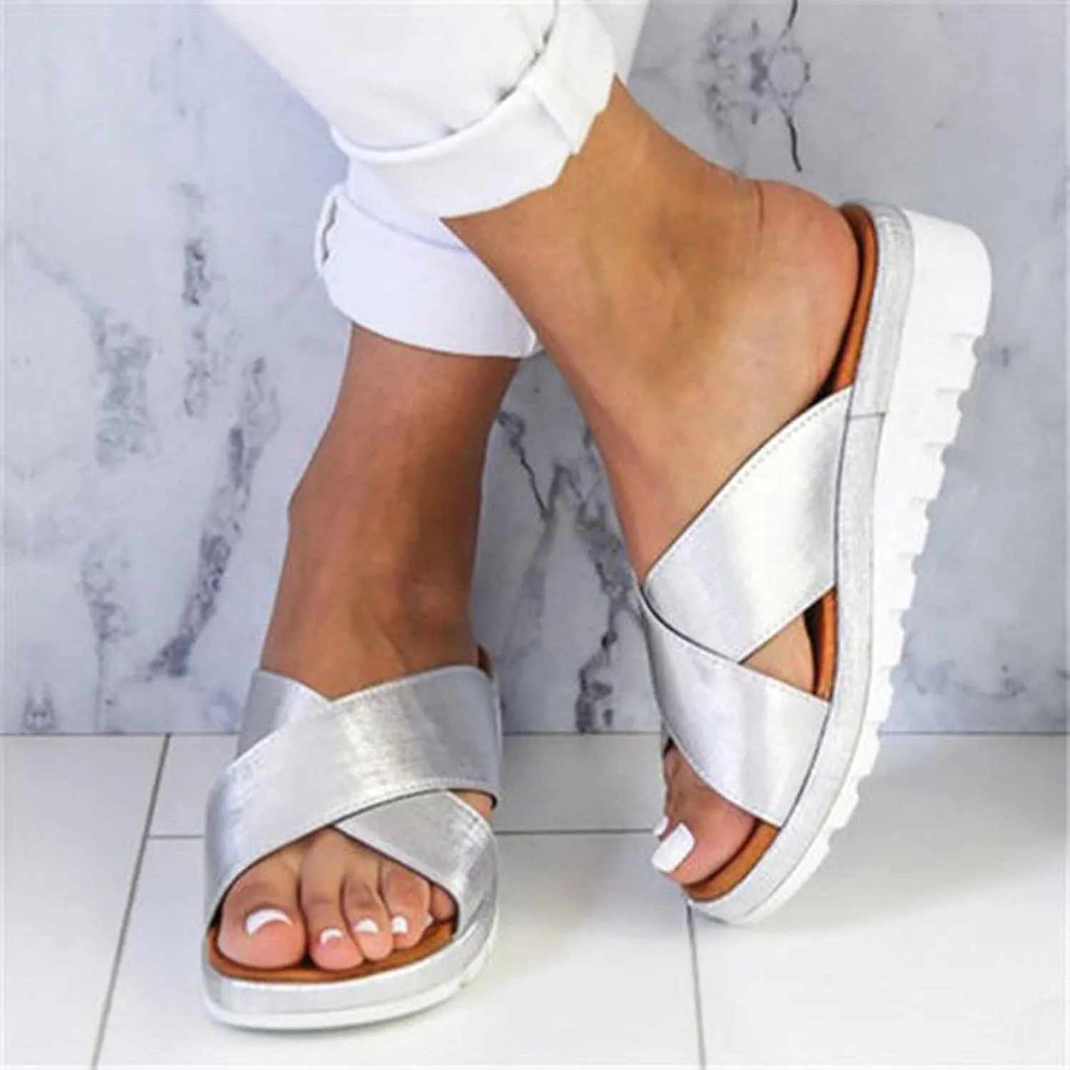 Women's Leather Platform Wedge Sandals Roman Bohemian Open Toe Slip On Beach Casual High Heels Dressy Slippers