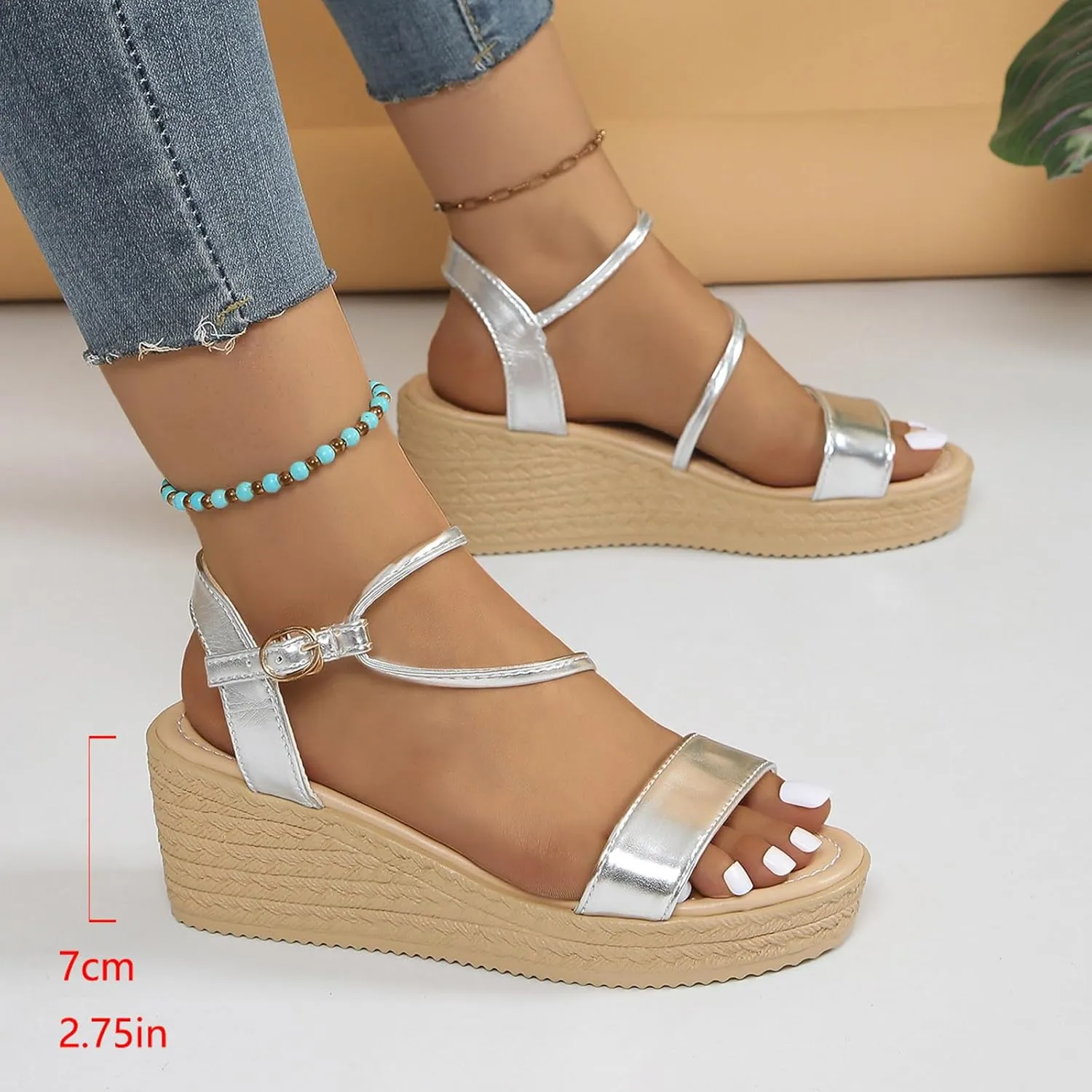 Women's Sandals Ladies Summer Casual Shiny Leather Solid Colour Slope Heel Beach Large Size Sandals Arch Supports