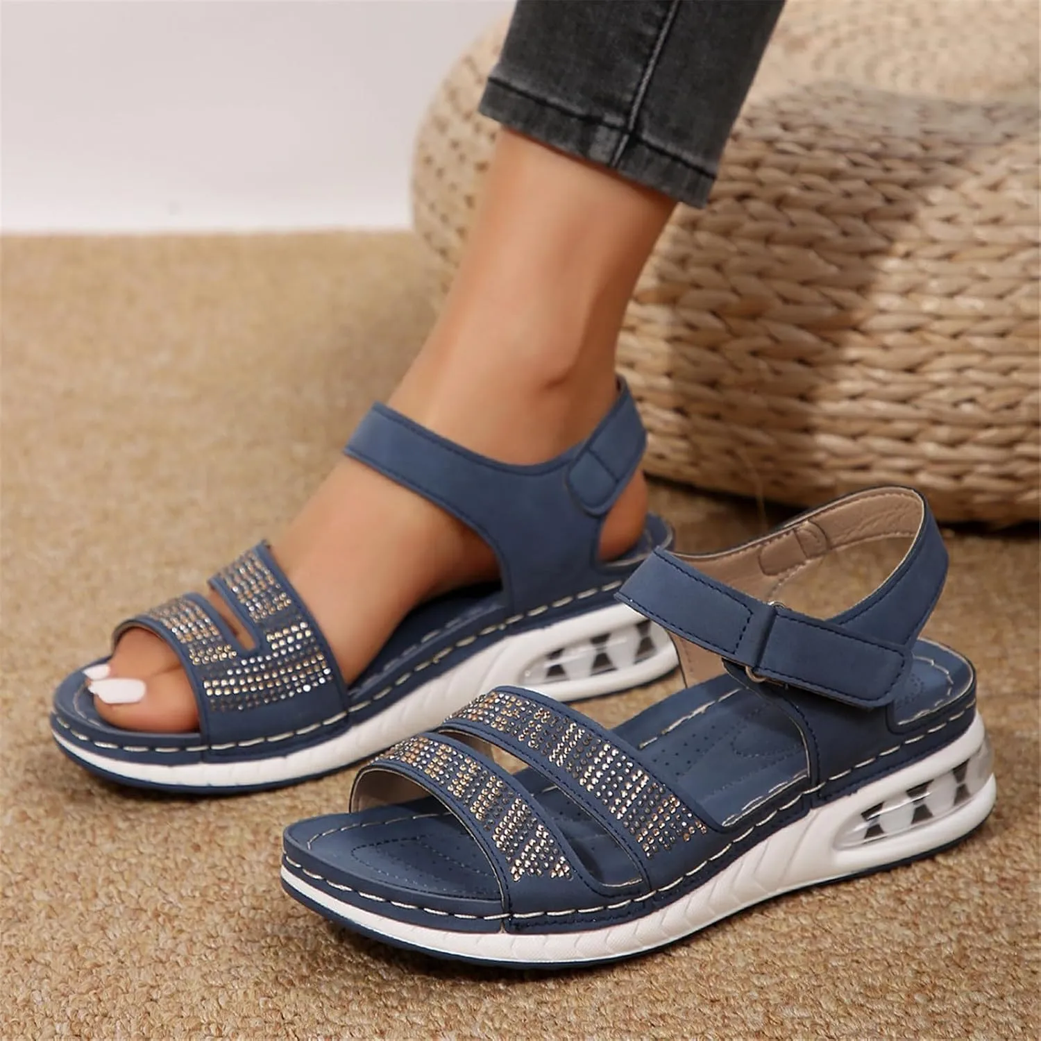 Women's Sandals Rhinestones Sparkly Open Toe Platform Sandals Adjustable Hook Loop Magic Tape Shoes Summer Hiking Athletic Walking Shoes 2025