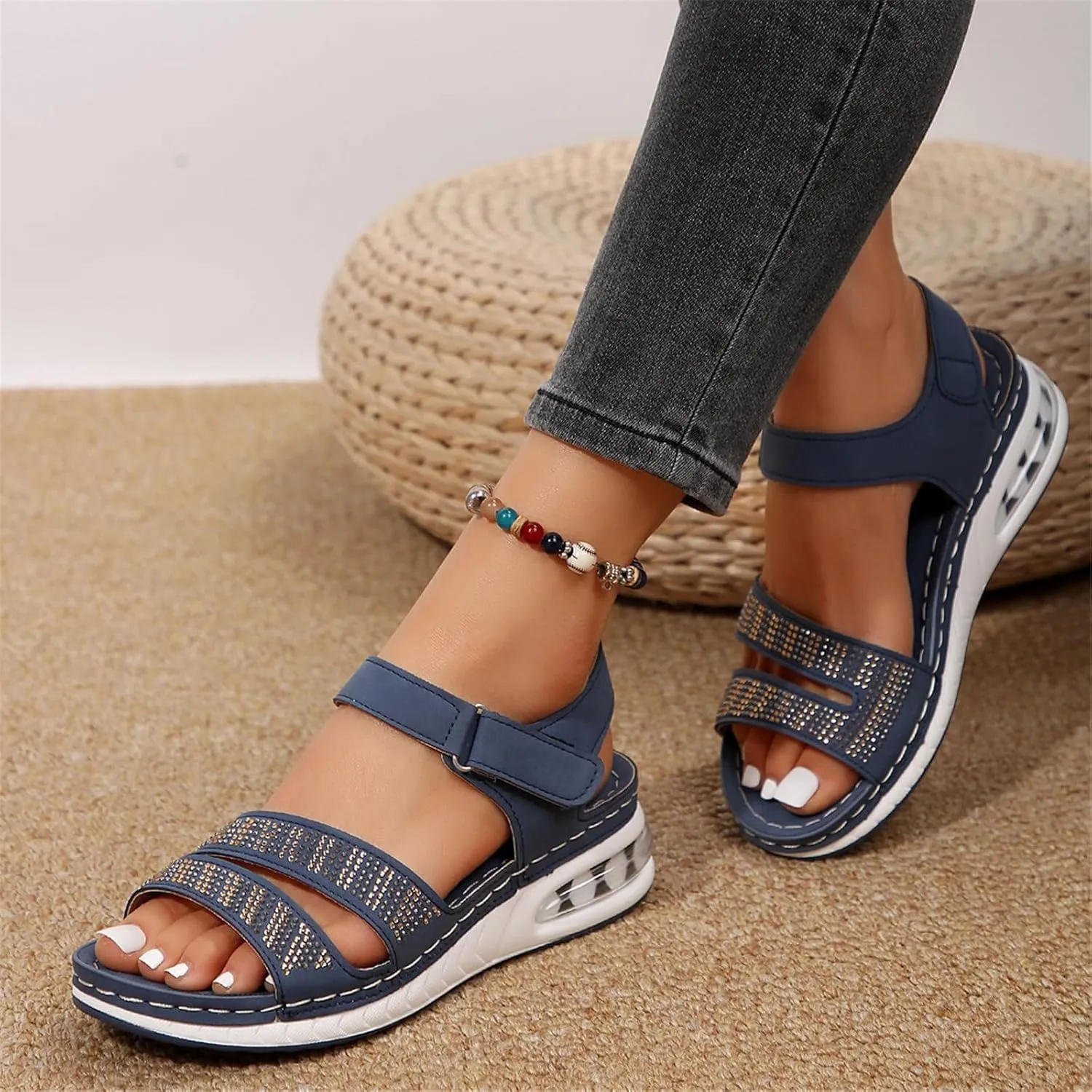 Women's Sandals Rhinestones Sparkly Open Toe Platform Sandals Adjustable Hook Loop Magic Tape Shoes Summer Hiking Athletic Walking Shoes 2025