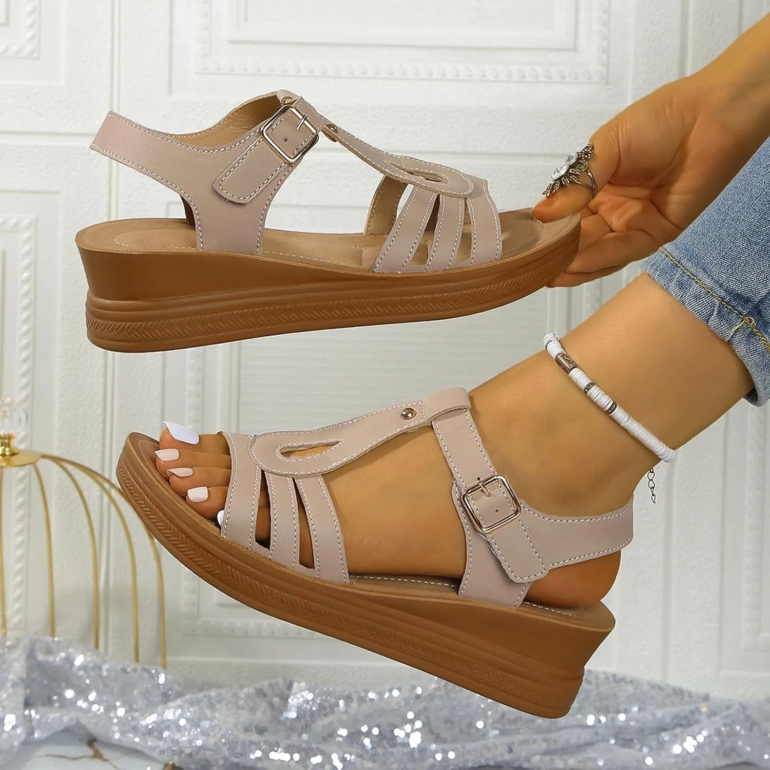 Women's Summer Wedge Sandals Open Toe Leather Casual Comfortable Beach Shoes for Outdoor Walking and Daily Wear