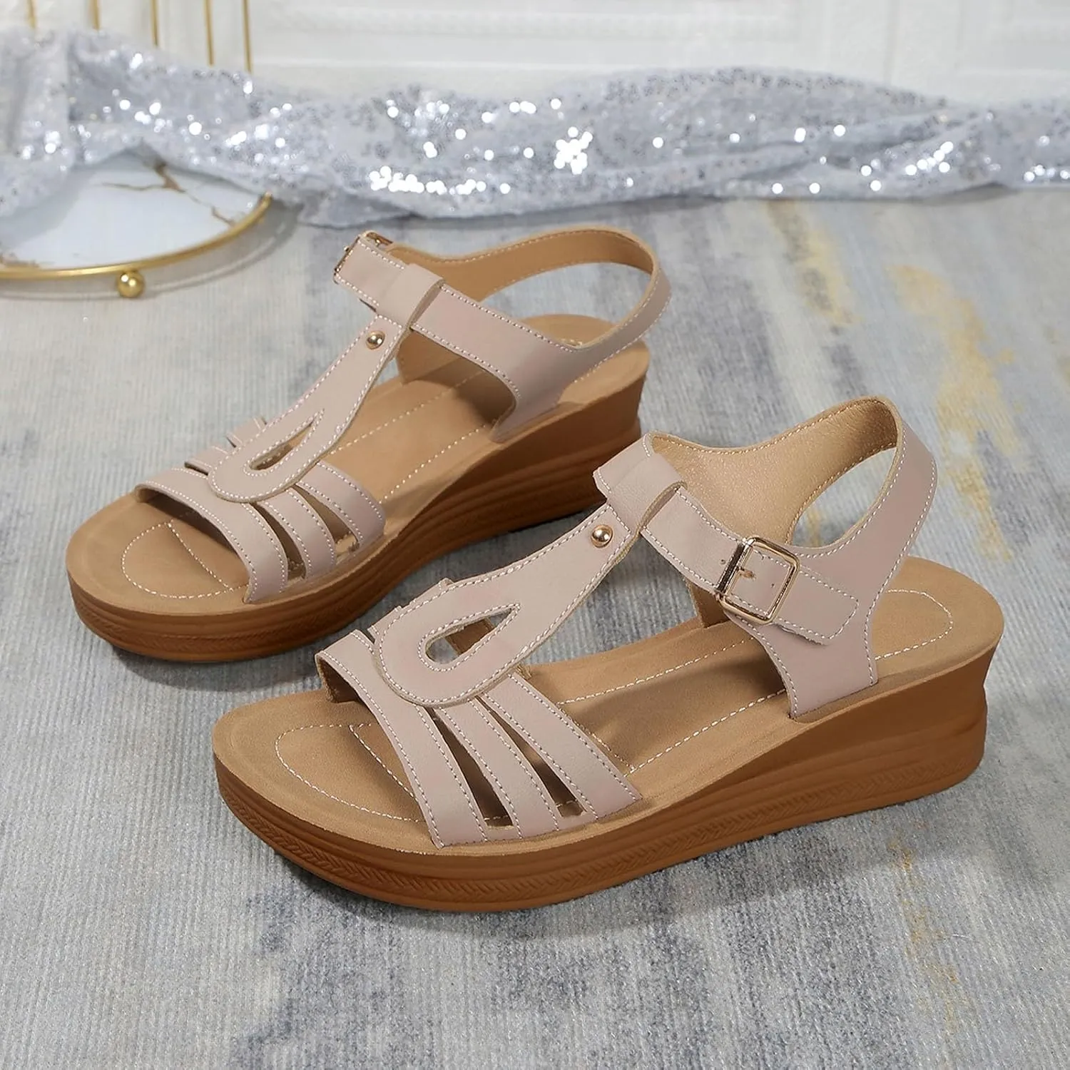 Women's Summer Wedge Sandals Open Toe Leather Casual Comfortable Beach Shoes for Outdoor Walking and Daily Wear
