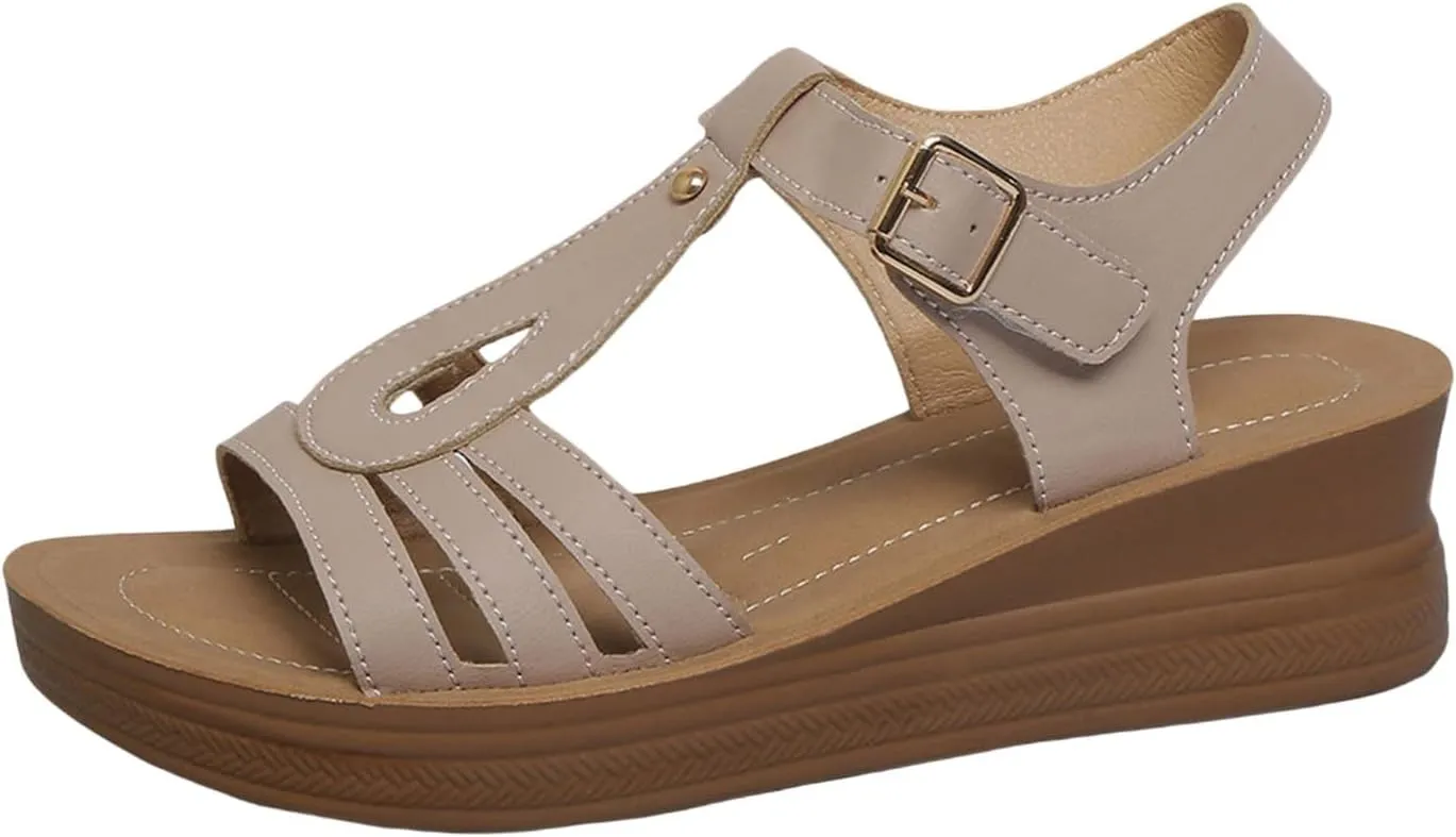Women's Summer Wedge Sandals Open Toe Leather Casual Comfortable Beach Shoes for Outdoor Walking and Daily Wear
