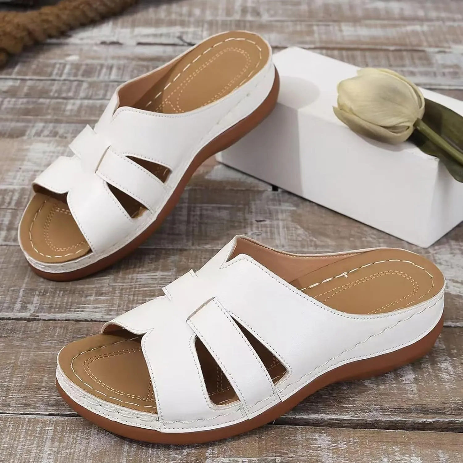 Women's Wedge Sandals Casual Arch Support Shoes Summer Open Toe Women Sandals Dressy Casual Boho Beach Ladies Wedges Summer Walking Shoes Comfortable Slip On Shoes