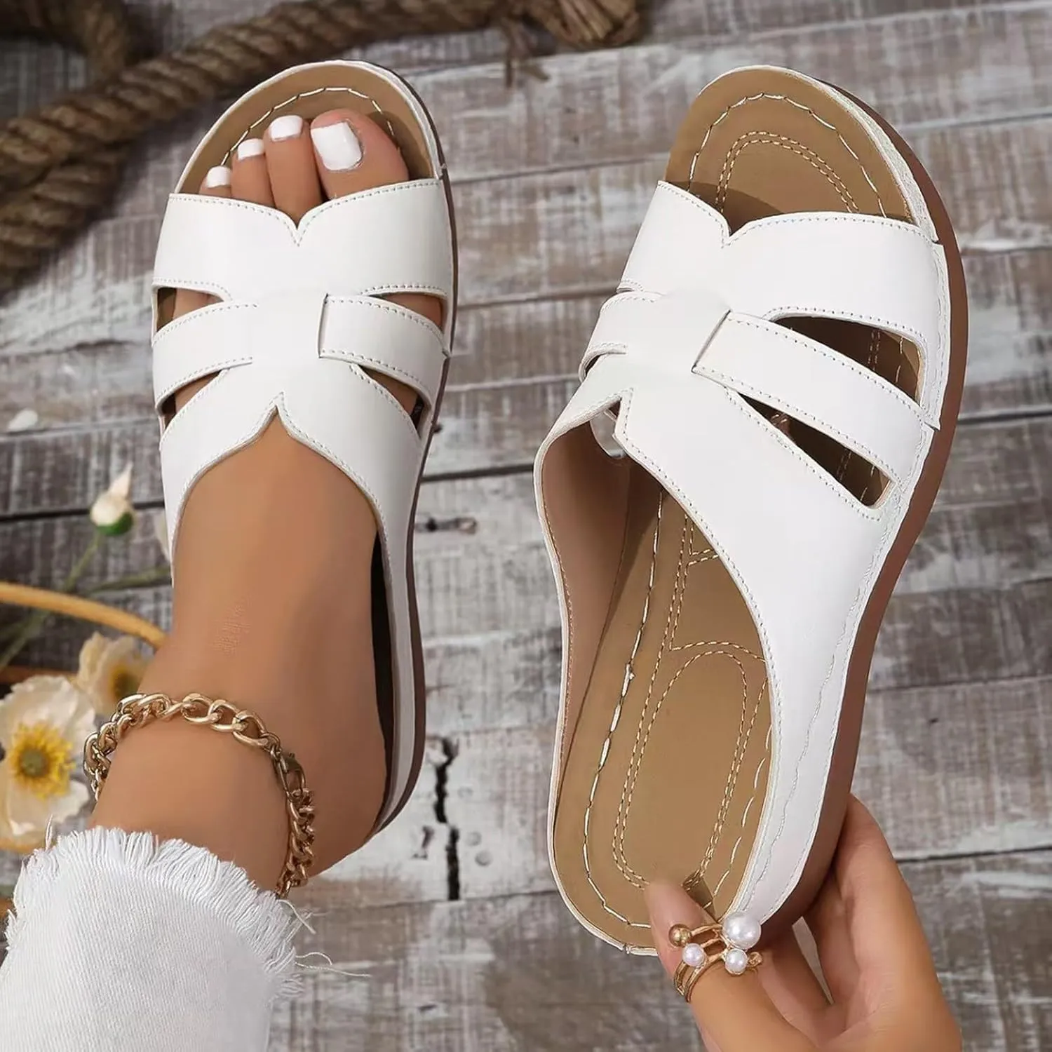 Women's Wedge Sandals Casual Arch Support Shoes Summer Open Toe Women Sandals Dressy Casual Boho Beach Ladies Wedges Summer Walking Shoes Comfortable Slip On Shoes
